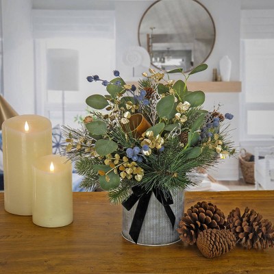 17" Blue and Gold Artificial Christmas Arrangement with Metal Pot