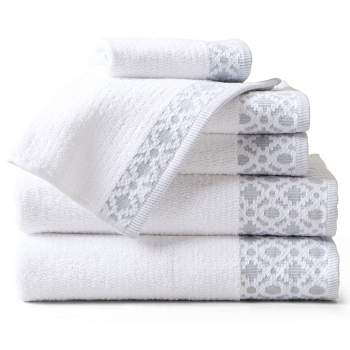 Set of 6 bath towels: white and taupe: 30X50 courtesy towels