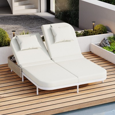 5-Position Adjustable Rattan Outdoor Double Chaise Lounge With Adjustable Backrest,Metal Frame,Removable Cushions And Pillows -Maison Boucle