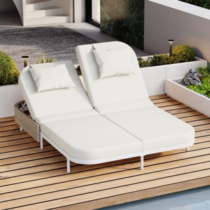 5-Position Adjustable Rattan Outdoor Double Chaise Lounge With Adjustable Backrest,Metal Frame,Removable Cushions And Pillows -Maison Boucle - 1 of 4