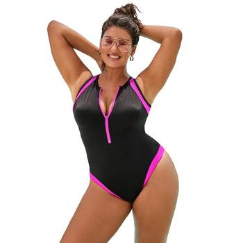 Plus Size Women's Zip-Front One-Piece with Tummy Control by Swim 365 in  Fuchsia White Black (Size 18) Swimsuit - Yahoo Shopping