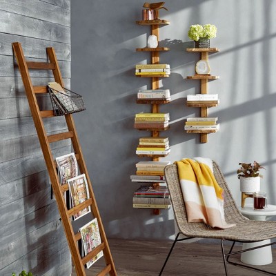 Large Teak Trapezoid Wall Mount Column Shelf