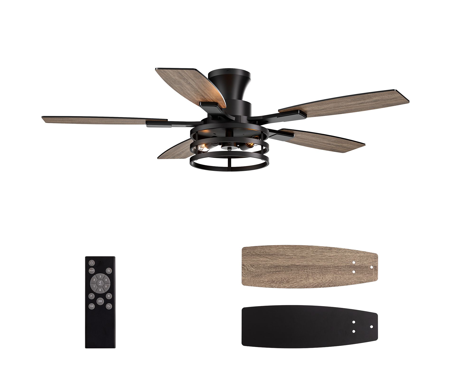 Siljoy 52 Inch Farmhouse Flush Mount Ceiling Fan with Lights and Black/Oak Wood Dual Blades (5 Blades)for Patio Bedroom Living room, Remote Included