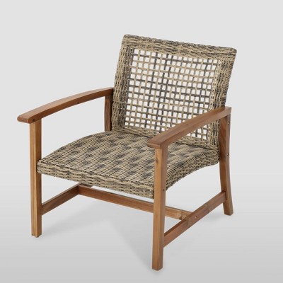 Gray and Natural Wicker and Wood Outdoor Club Chairs, Set of 4