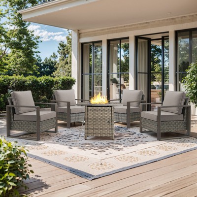 Buenhomino Outdoor Wicker Patio Furniture Set with Fire Pit Table, 5 Pieces Patio Conversation Sets with 4 Outdoor Patio Chairs and 1 Fire Pit Table