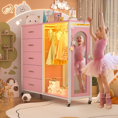 Aheaplus Dresser for Bedroom with Clothes Rack & Mirror, 5 Drawers Dresser with Charging Station & LED Lights