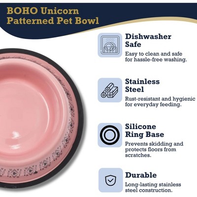 Pink Boho Stainless Steel Dog Bowl with Silicone Base