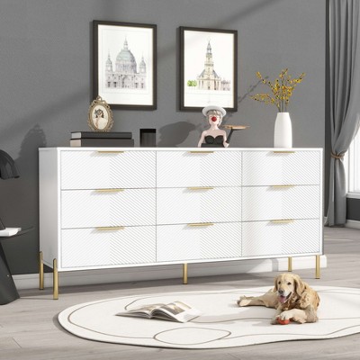 ORRD 9-Drawer White Dresser with Gold Pulls & Metal Feet – Modern Storage Cabinet for Hallway, Entryway & Living Room