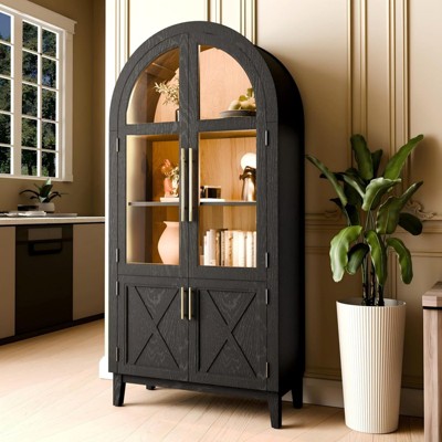 FONTOI Arched Shaped Decorative Storage Cabinet, 5-Tier Arched Bookcase with Glass Doors, Oak&Black, 36"*74.8"*17.5"