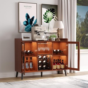 Modern Wine Bar Cabinet with LED Lighting, Wine Racks & Glass Holders, Glass Doors, Freestanding Sideboard - 1 of 4
