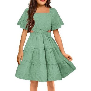 Arshiner Girls Dresses Square Neck Cut Out Shirred Party Cute Tween Dress - 1 of 4