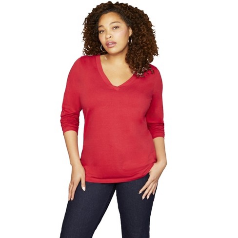 June Vie by Roaman s Women s Plus Size Long Sleeve V Neck One Only Tee 10 12 Red