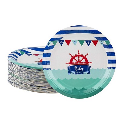 Blue Panda 80-Count Disposable Paper Plates, Nautical Themed Baby Shower Party Supplies Round 9"x9"