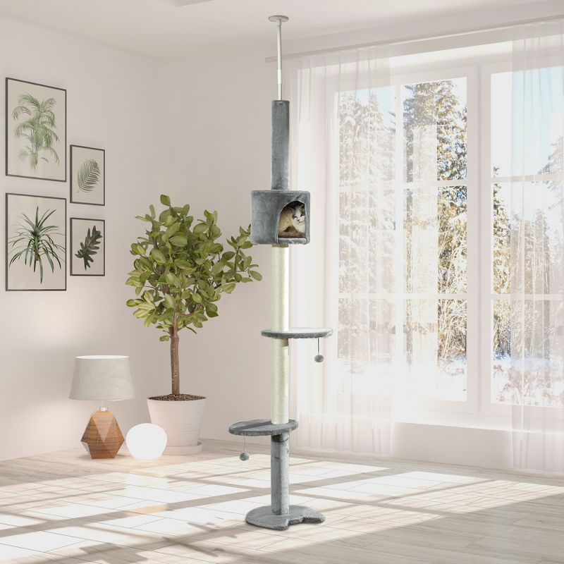 PawHut 85.5" Cat Tree Height Adjustable Floor-to-Ceiling 4-Tier Kitty Climbing Activity Center Condo Cat Toy with Scratching Post Hanging Balls Gray, 2 of 9