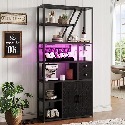 Bar Cabinet - Tall Coffee Bar Station with Power Outlets, Rack, Kitchen Microwave Stand, Bakers Rack Cabinet for Living Room