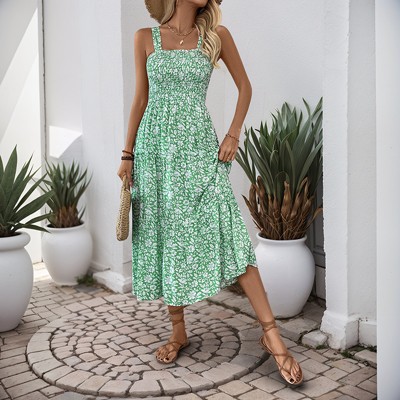 Womens Summer Maxi Dress Sleeveless Floral Spaghetti Strap Smocked Boho Beach Long Dress