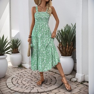 Womens Summer Maxi Dress Sleeveless Floral Spaghetti Strap Smocked Boho Beach Long Dress - 1 of 4