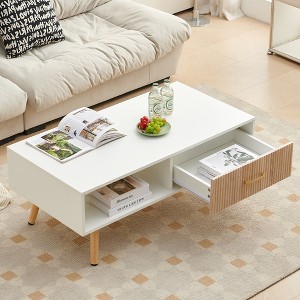 GlasFlength End Table, Modern Rattan Coffee Table with Sliding Door Storage for Living Room, White, 40.94"*21.26"*16.34" - 1 of 4