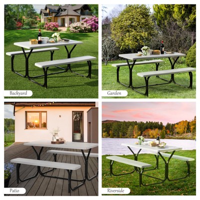 White Steel Frame Outdoor Picnic Table Bench Set