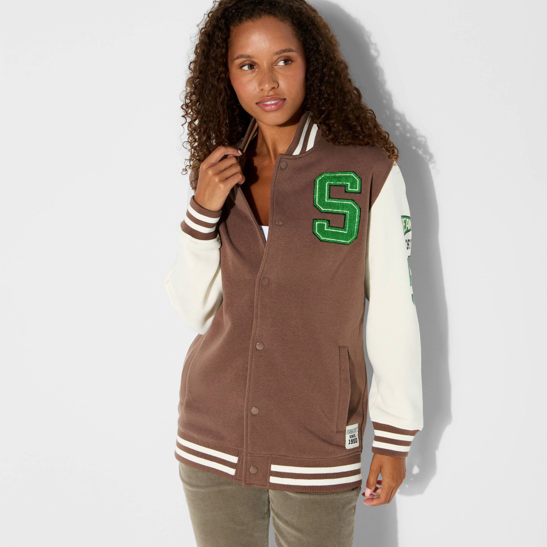 Adult Peanuts Snoopy Letterman Graphic Jacket - Brown XXS