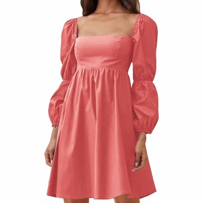 EXLURA Womens Square Neck Dress Long Puff Sleeve A-Line Casual Short Mini Dresses