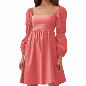 EXLURA Womens Square Neck Dress Long Puff Sleeve A-Line Casual Short Mini Dresses - 1 of 4