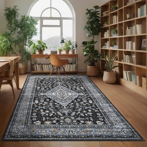 Washable Area Rug Vintage Medallion Floral Print Area Rug Non-Slip Low Pile Carpet for Dining Room Home Office - 1 of 4