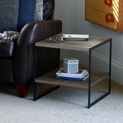 Ashwood and Black Metal Square End Table with Storage Shelf