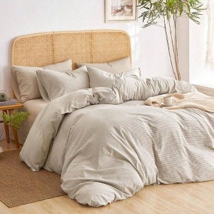 Striped Cotton Duvet Cover Set, 100 Washed Cotton Textured Percale Bedding, Ticking Stripe Farmhouse, 3 Pieces, Tan, King Size - 1 of 4