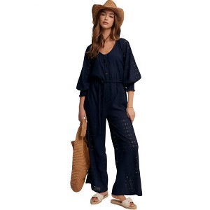 Knit & Lounge Women’s Eyelet Wide Leg Jumpsuit with Balloon Sleeves Button Front Waist Tie Relaxed Fit - 1 of 4