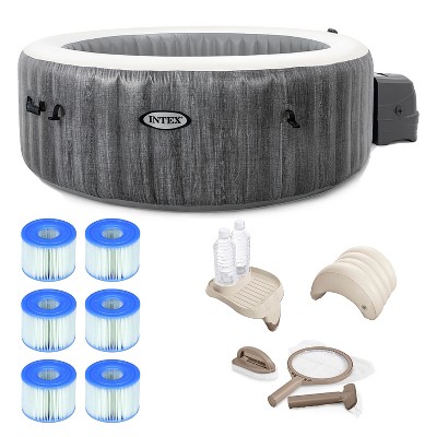 Intex 28439E Greywood Deluxe 4 Person Inflatable Spa/Hot Tub w/ LED Light & 3 Pack Type S1 Pool Filter Cartridges w/ Attachable Cup Holder and Tray