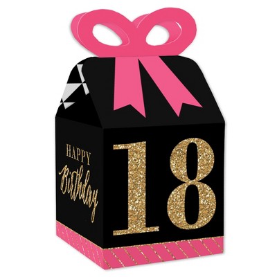 Big Dot of Happiness Chic 18th Birthday - Pink, Black and Gold - Square Favor Gift Boxes - Birthday Party Bow Boxes - Set of 12