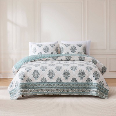 Lush Décor Full/Queen Sofia Flower Block Bouquet Reversible Cotton Quilts Blue
