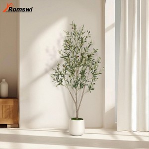 Romswi Olive Faux Tree, 5ft/6ft/7ft Tall Artificial Olive Tree with White Tall Pot, with Natural Leaves Lifelike Fruits for Home Office Decor Indoor - 1 of 4