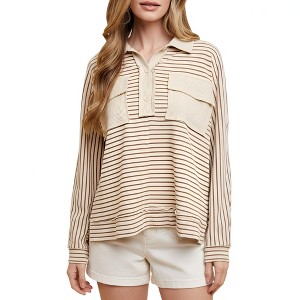 Knit & Lounge Women’s Striped Collared Long Sleeve Top Waffle Chest Pocket Detail Lightweight Knit Pullover - 1 of 4