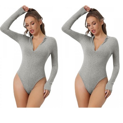 Allegra K Women's Zip Front Casual Stand Neck Long Sleeve Slimming Going Out Body Shapers 2 Packs