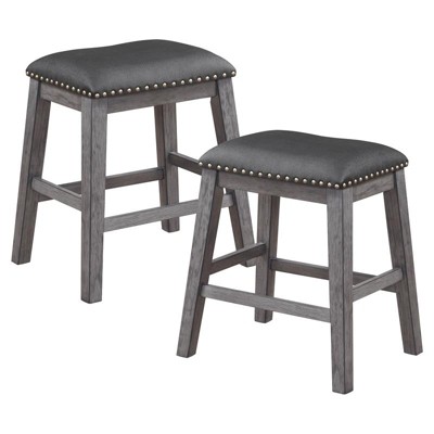 Transitional Gray Leather Wood Counter Stools with Nailhead Trim (Set of 2)