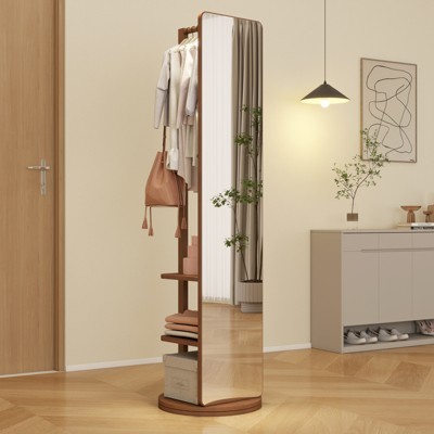 LOVMOR Full Length Mirror with Coat Rack, Full Body Mirror Solid Wood Floor Mirror w/ Stand Long Mirrors for Bedroom, Living Room
