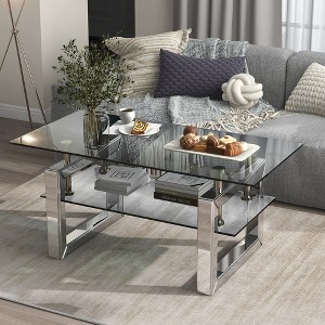 Modern Glass Coffee Table, Rectangular Transparent Tempered Glass Cocktail Table Tea Table With Open Storage Shelf - 1 of 4