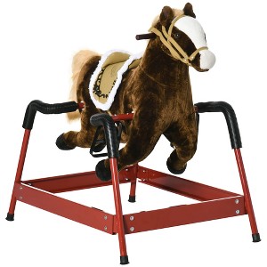 Qaba Kids Spring Rocking Horse, Ride on Horse for Girls and Boys with Animal Sounds, Plush Horse Ride-on with Soft Feel, Dark Brown - 1 of 4