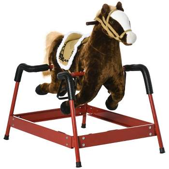 Qaba Kids Spring Rocking Horse, Ride on Horse for Girls and Boys with Animal Sounds, Plush Horse Ride-on with Soft Feel, Dark Brown