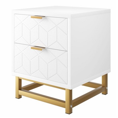 Whizmax Nightstand with 2 Drawer Bedside Table [Golden Handle] [Golden Base] [Diamond Style] for Bedroom, The Living Room, White