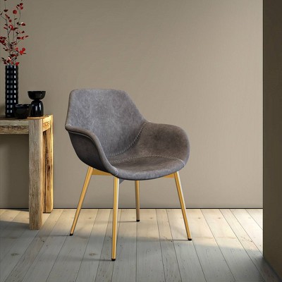 Mid Century Modern Gray Leather Armchair with Gold Metal Legs