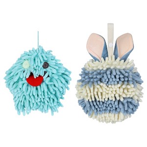 REGALWOVEN 2 Packs Fluffy Chenille Rabbit Shape Cute Soft Absorbent Hanging Ball Hand Towels 7" x 7" - 1 of 4