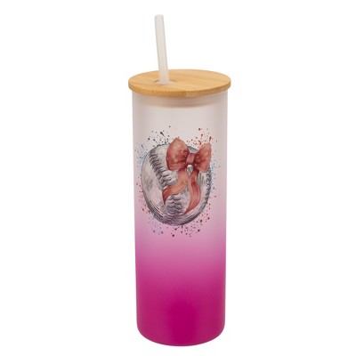 Elanze Designs 25 Ounce Frosted Glass Gradient Travel Tumbler With Straw and Wooden Lid, Baseball With Pink Bow
