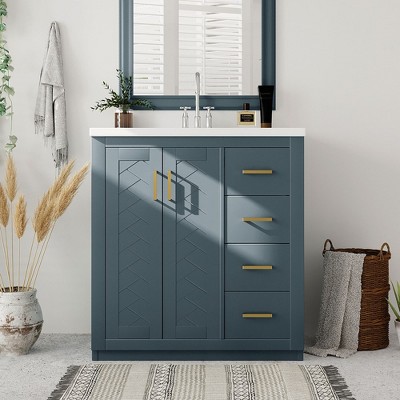 30" Bathroom Vanity Cabinet With Sink Top Combo Set Soft Closing Doors 3 Drawers Resin Sink Free Standing Navy Blue