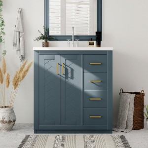 30" Bathroom Vanity Cabinet With Sink Top Combo Set Soft Closing Doors 3 Drawers Resin Sink Free Standing Navy Blue - 1 of 4