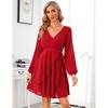 Coolmee Women's Dress Deep V-Neck Long Sleeve Waist Tie Ruffle Mini Swing Skater Dresses - 2 of 4