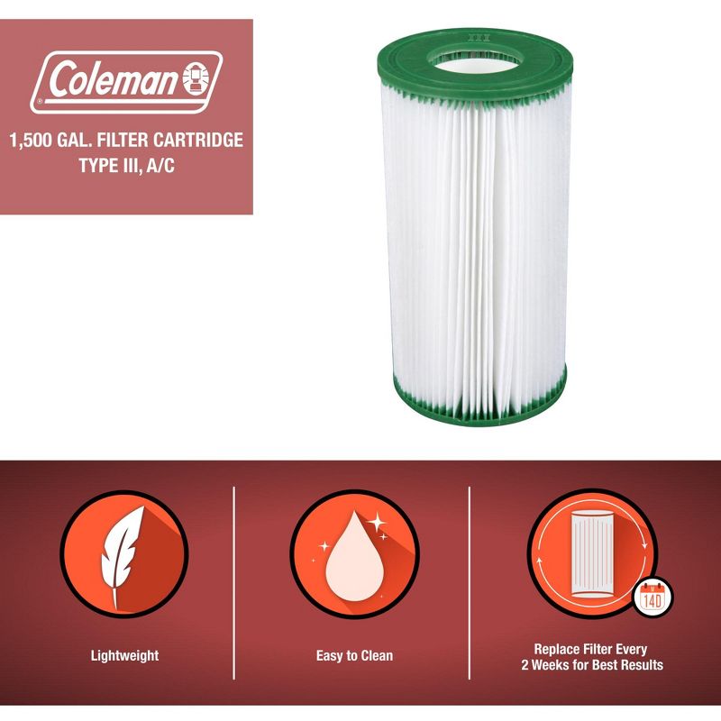 Coleman 90357E Type III A/C 1000 and 1500 GPH Replacement Filter Swimming Pool Cartridge Compatible with Most Coleman Power Steel Round Frame Pools, 3 of 7