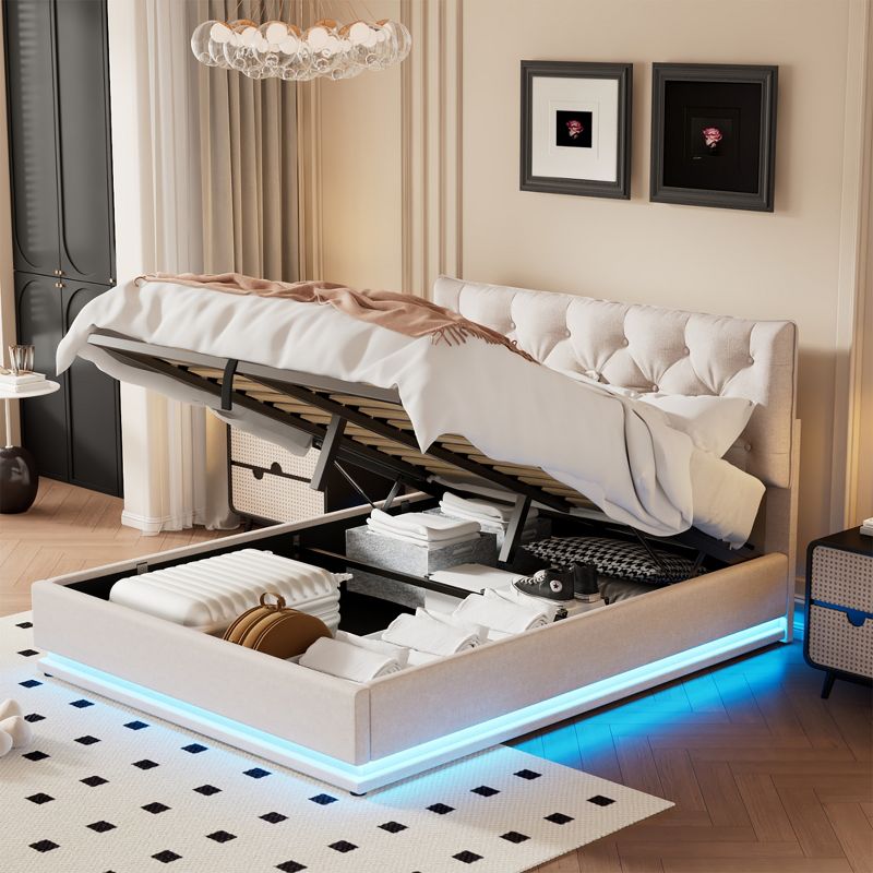 Queen/Full Size Upholstered Platform Bed with Hydraulic Storage System and LED Light-ModernLuxe, 2 of 14